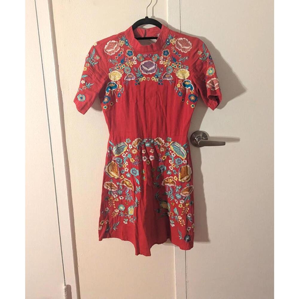 Zara red embroidered short-sleeve mini/knee-length dress